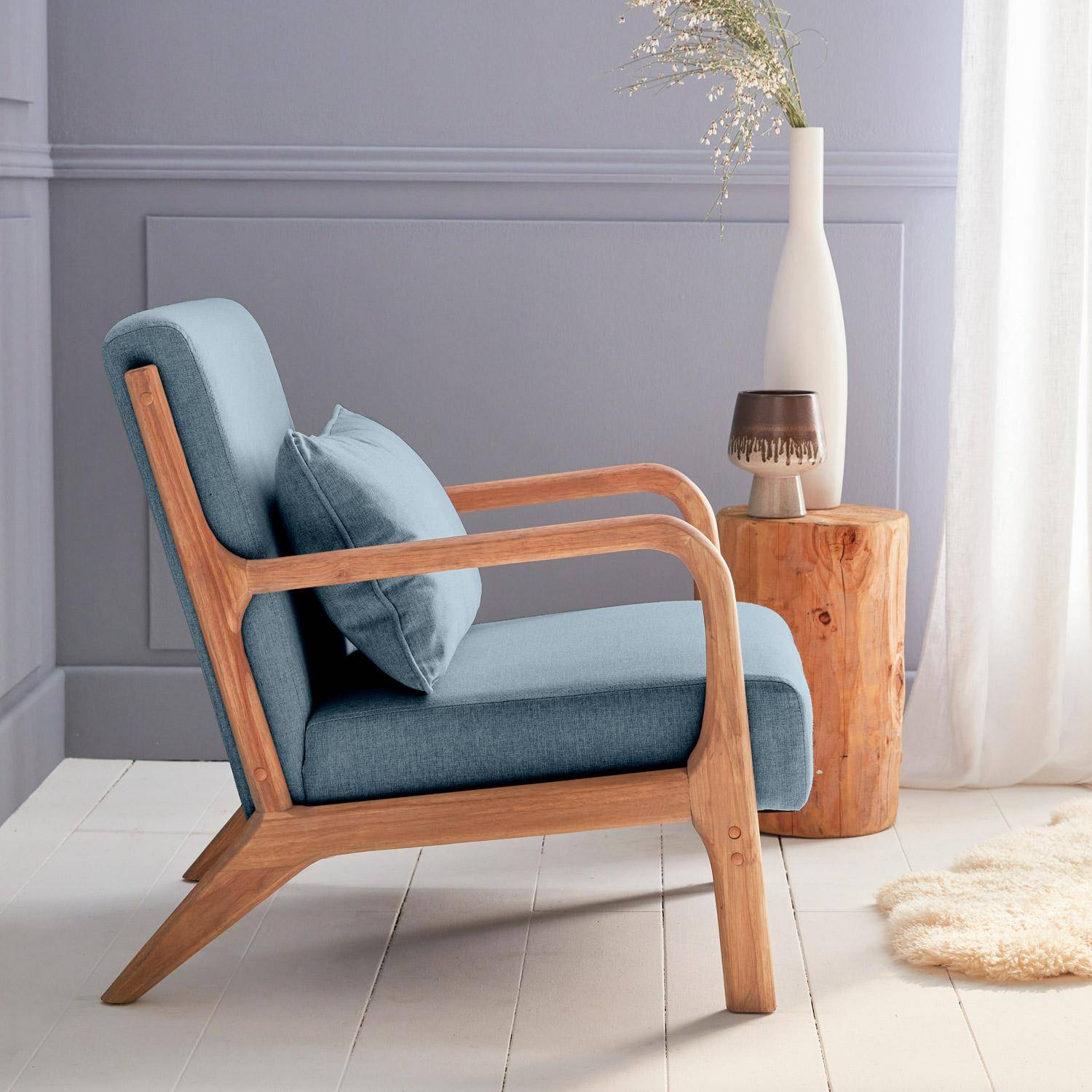 Sillón de diseño en madera y tela, 1 asiento recto fijo, patas de compás escandinavas, asiento cómodo, armazón de madera maciza, azul Photo3