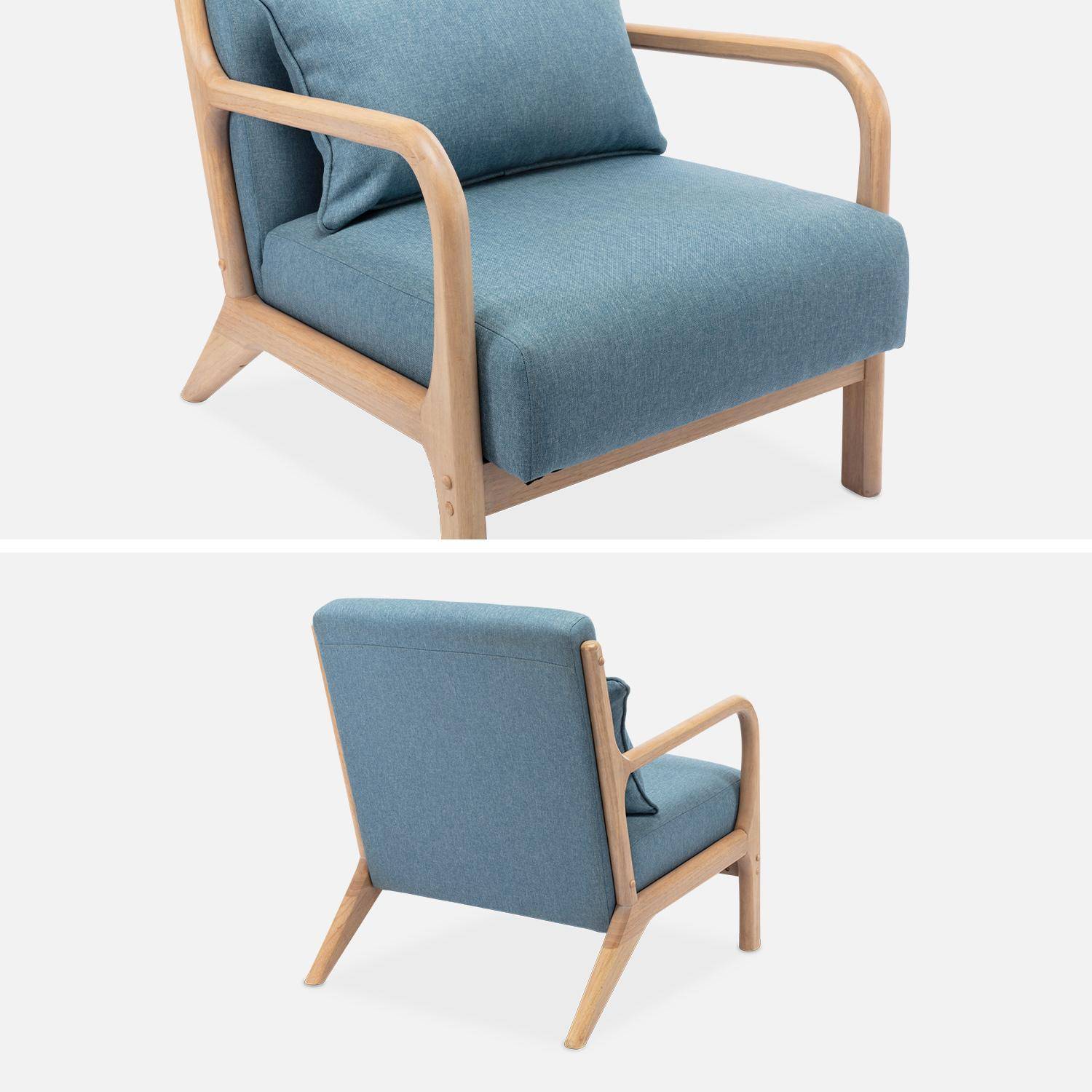 Cadeirão de design em madeira e tecido, 1 assento reto fixo, pernas escandinavas em forma de compasso, assento confortável, estrutura em madeira maciça, azul,sweeek,Photo6