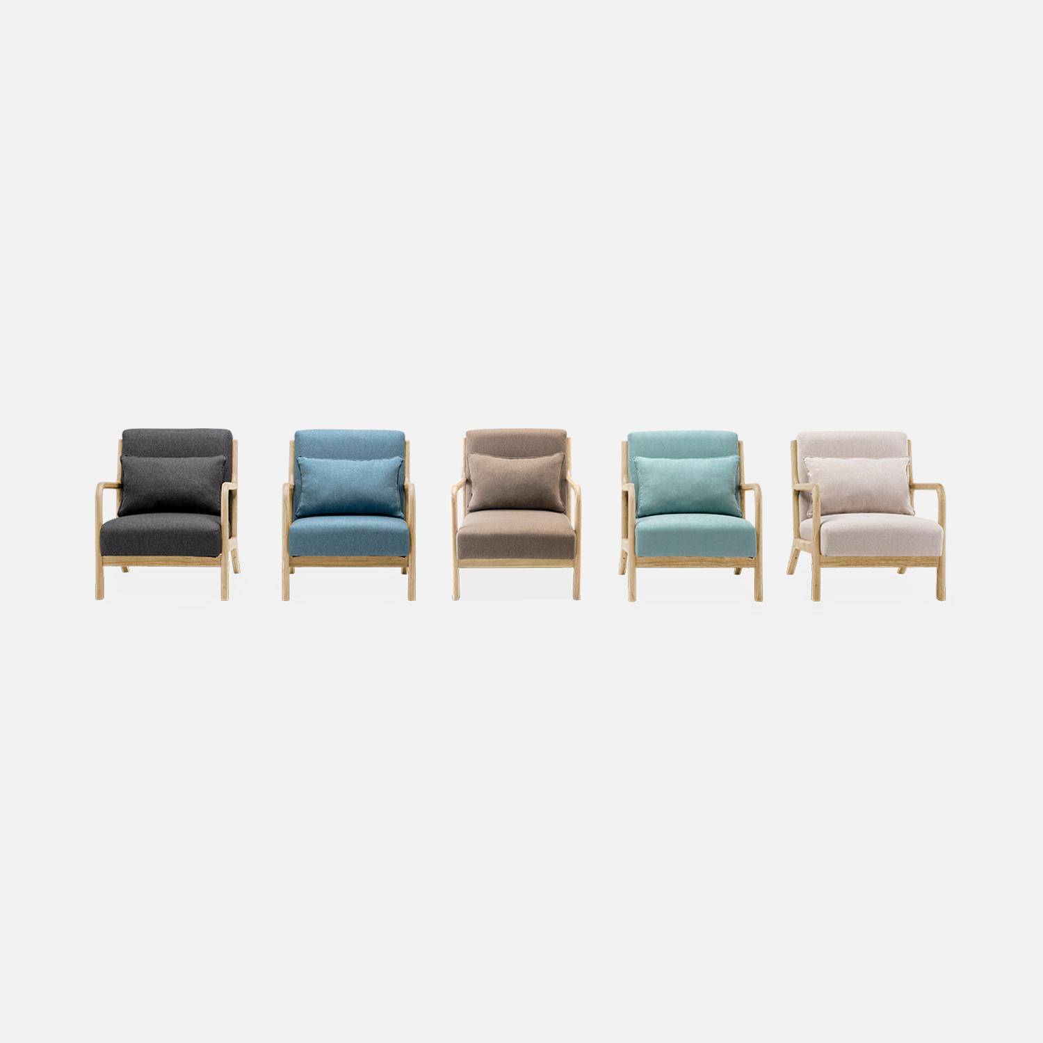 Sillón de diseño en madera y tela, 1 asiento recto fijo, patas de compás escandinavas, asiento cómodo, armazón de madera maciza, azul Photo8