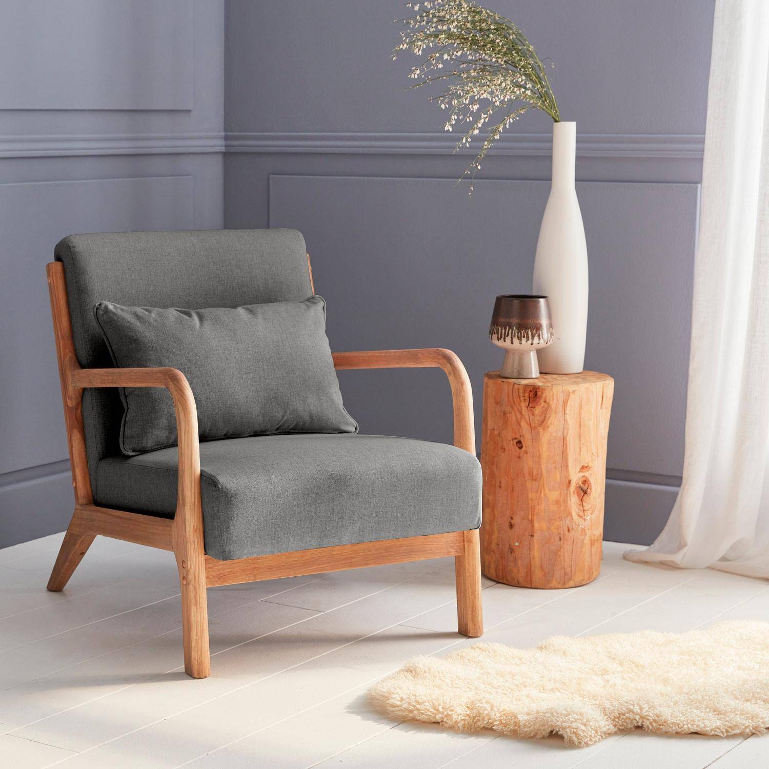 Sillón de diseño de madera y tela, 1 asiento recto fijo, patas de compás escandinavas, armazón de madera maciza, asiento cómodo, gris oscuro Photo1