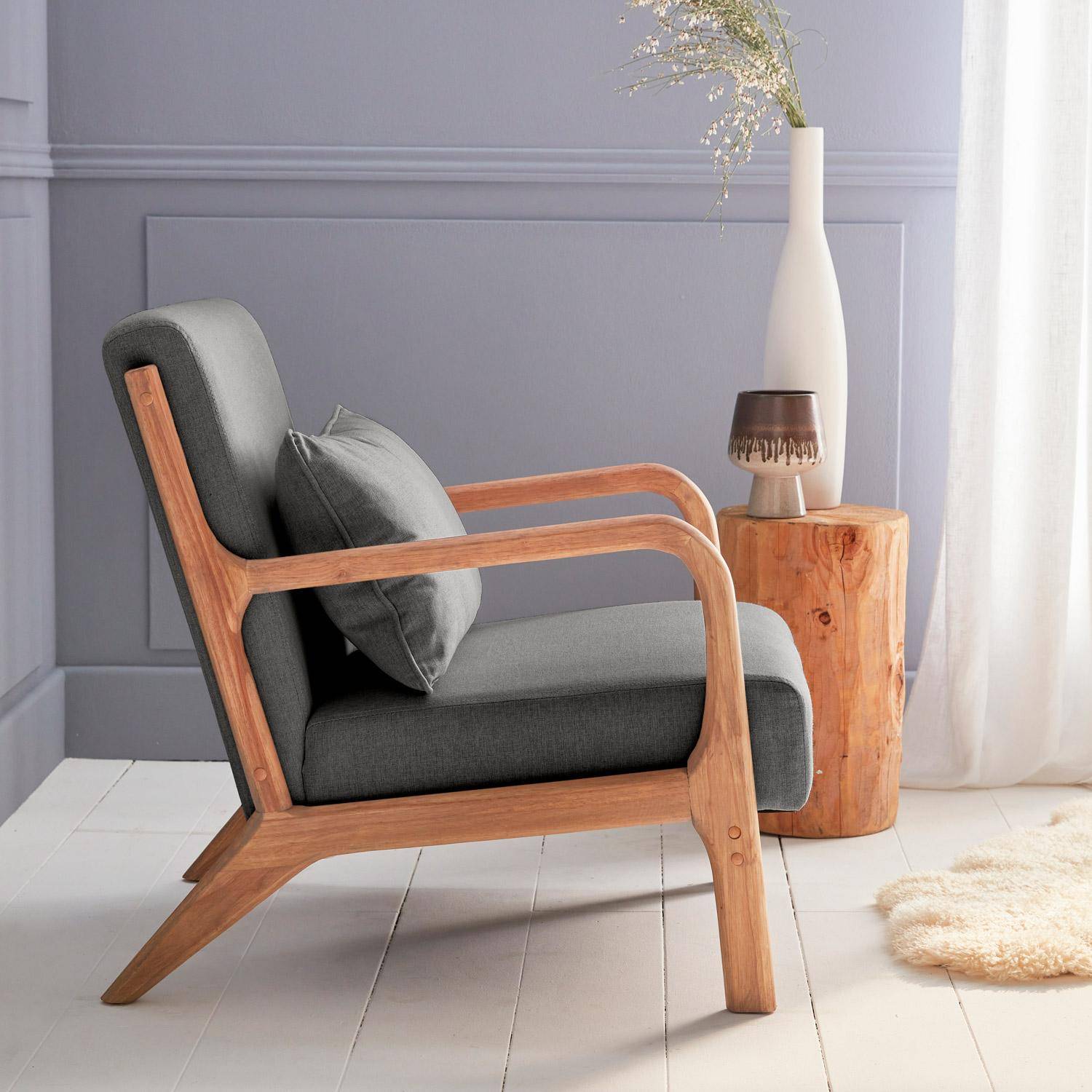 Poltrona de design em madeira e tecido, 1 assento direito fixo, pernas em bússola escandinavas, estrutura em madeira maciça, assento confortável, cinzento escuro Photo2