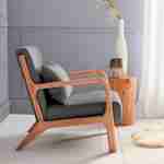Design zetel van hout en stof, 1 vaste rechte zitting, kompaspoten, Scandinavische stijl Photo2