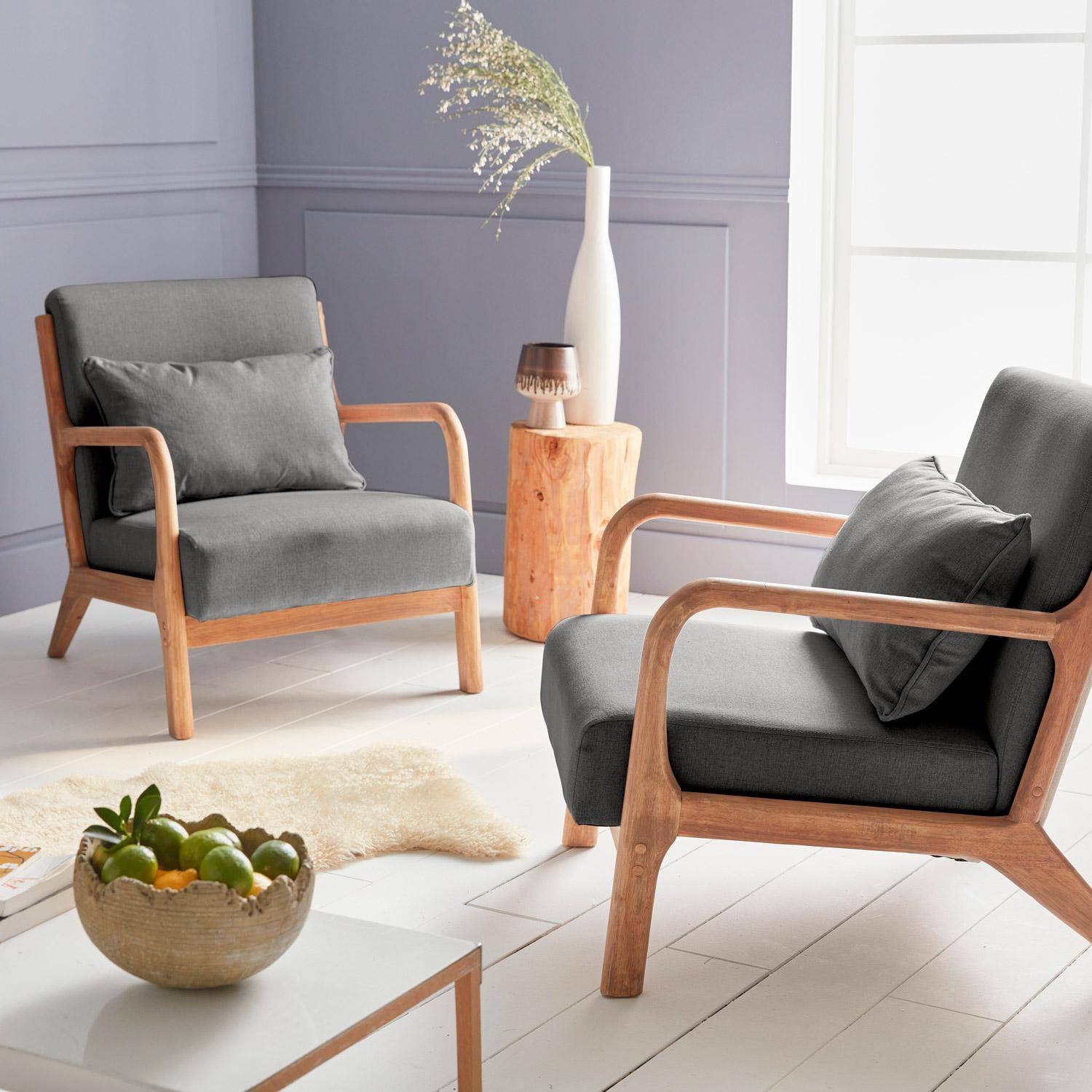 Sillón de diseño de madera y tela, 1 asiento recto fijo, patas de compás escandinavas, armazón de madera maciza, asiento cómodo, gris oscuro Photo3
