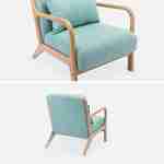 Sillón de diseño en madera y tela, 1 asiento recto fijo, patas de compás escandinavas, verde agua Photo5