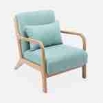 Poltrona de design em madeira e tecido, 1 assento reto fixo, pernas de bússola escandinavas, verde água Photo3