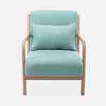 Sillón de diseño en madera y tela, 1 asiento recto fijo, patas de compás escandinavas, verde agua Photo4