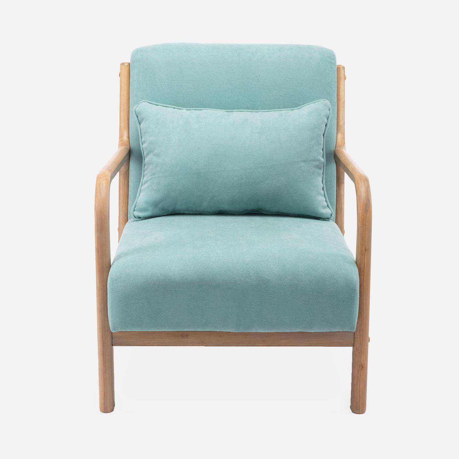 Poltrona de design em madeira e tecido, 1 assento reto fixo, pernas de bússola escandinavas, verde água Photo4