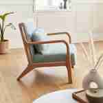 Sillón de diseño en madera y tela, 1 asiento recto fijo, patas de compás escandinavas, verde agua Photo2