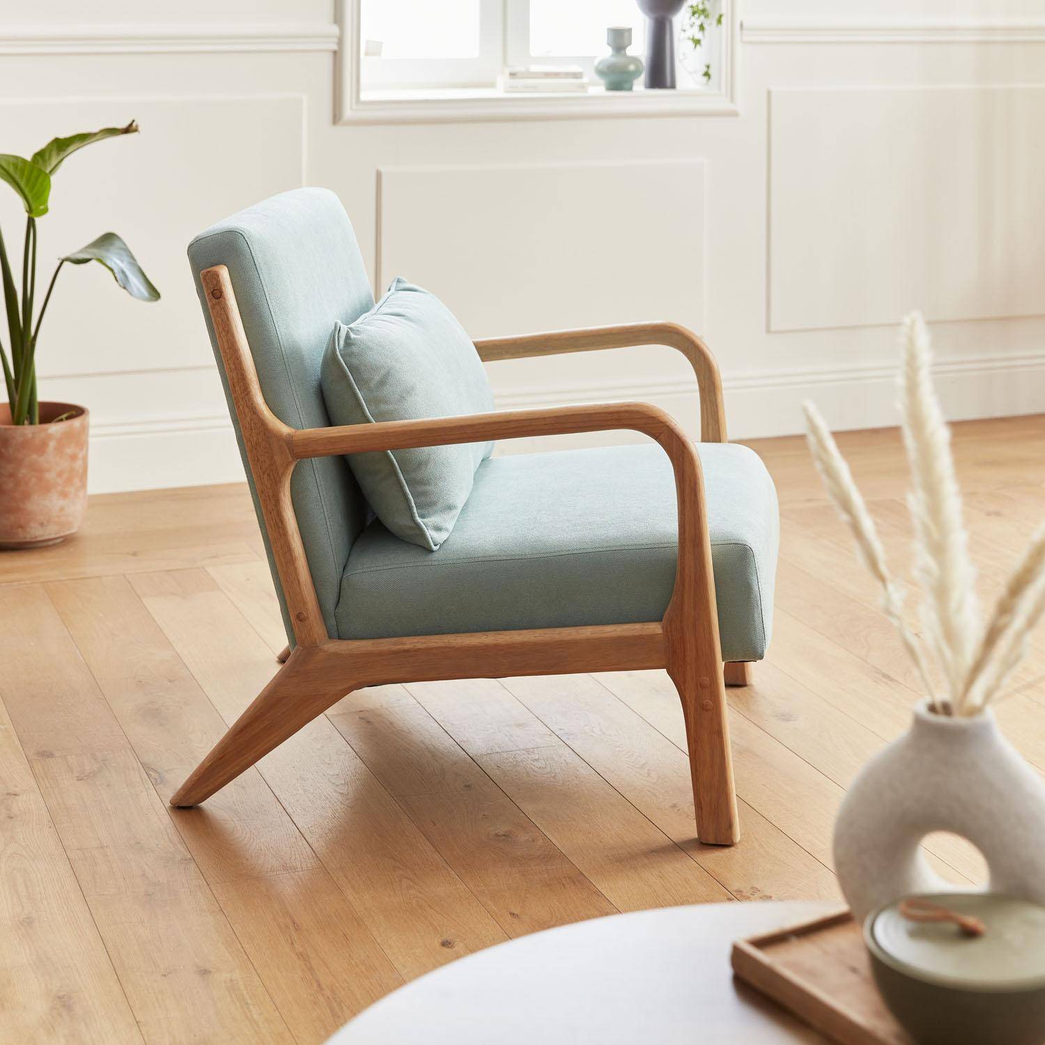 Poltrona de design em madeira e tecido, 1 assento reto fixo, pernas de bússola escandinavas, verde água Photo2