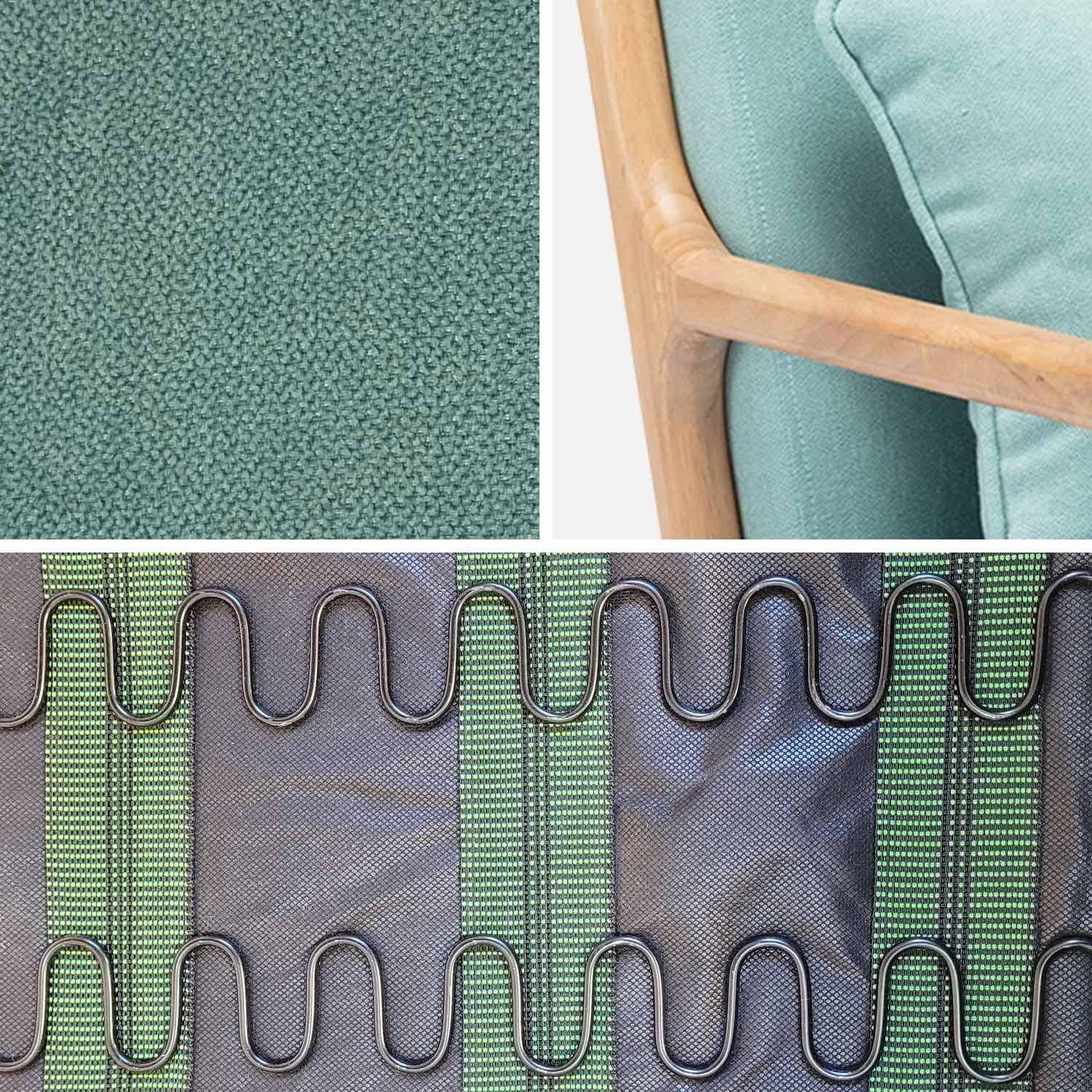 Sillón de diseño en madera y tela, 1 asiento recto fijo, patas de compás escandinavas, verde agua Photo6