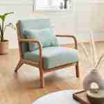 Sillón de diseño en madera y tela, 1 asiento recto fijo, patas de compás escandinavas, verde agua Photo1