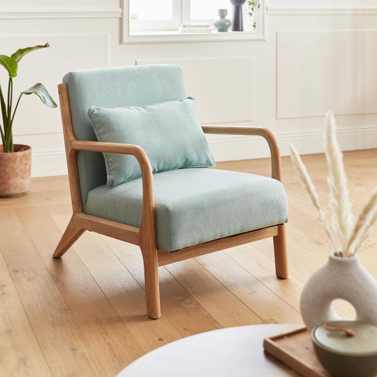 Poltrona de design em madeira e tecido, 1 assento reto fixo, pernas de bússola escandinavas, verde água Photo1