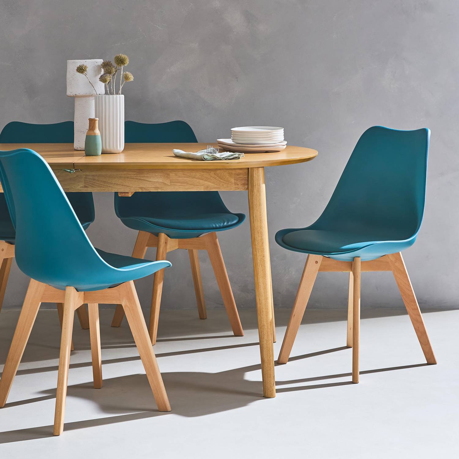 Set di 4 sedie scandinave, gambe in faggio, sedute singole, blu  Photo1