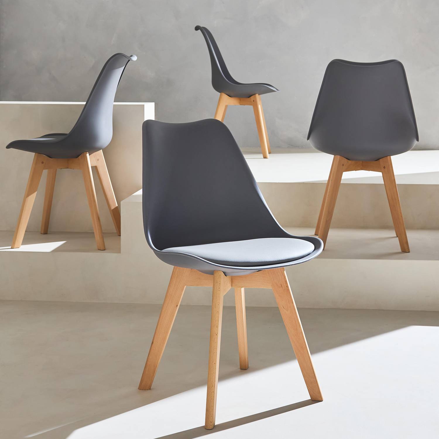 Set di 4 sedie scandinave, gambe in faggio, sedute singole, grigie Photo2