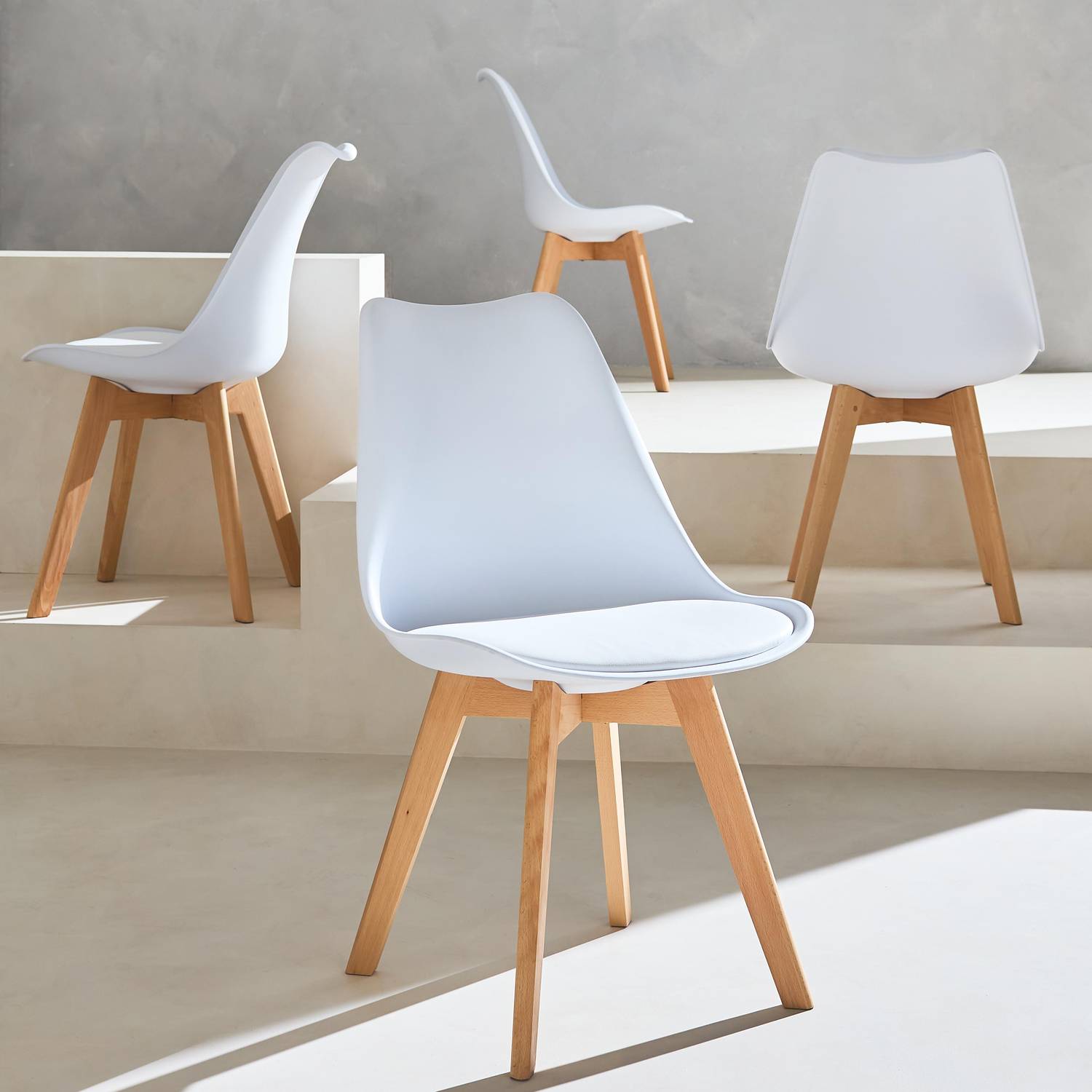 Lot de 4 chaises scandinaves, pieds bois de hêtre, chaises 1 place, blancs Photo2