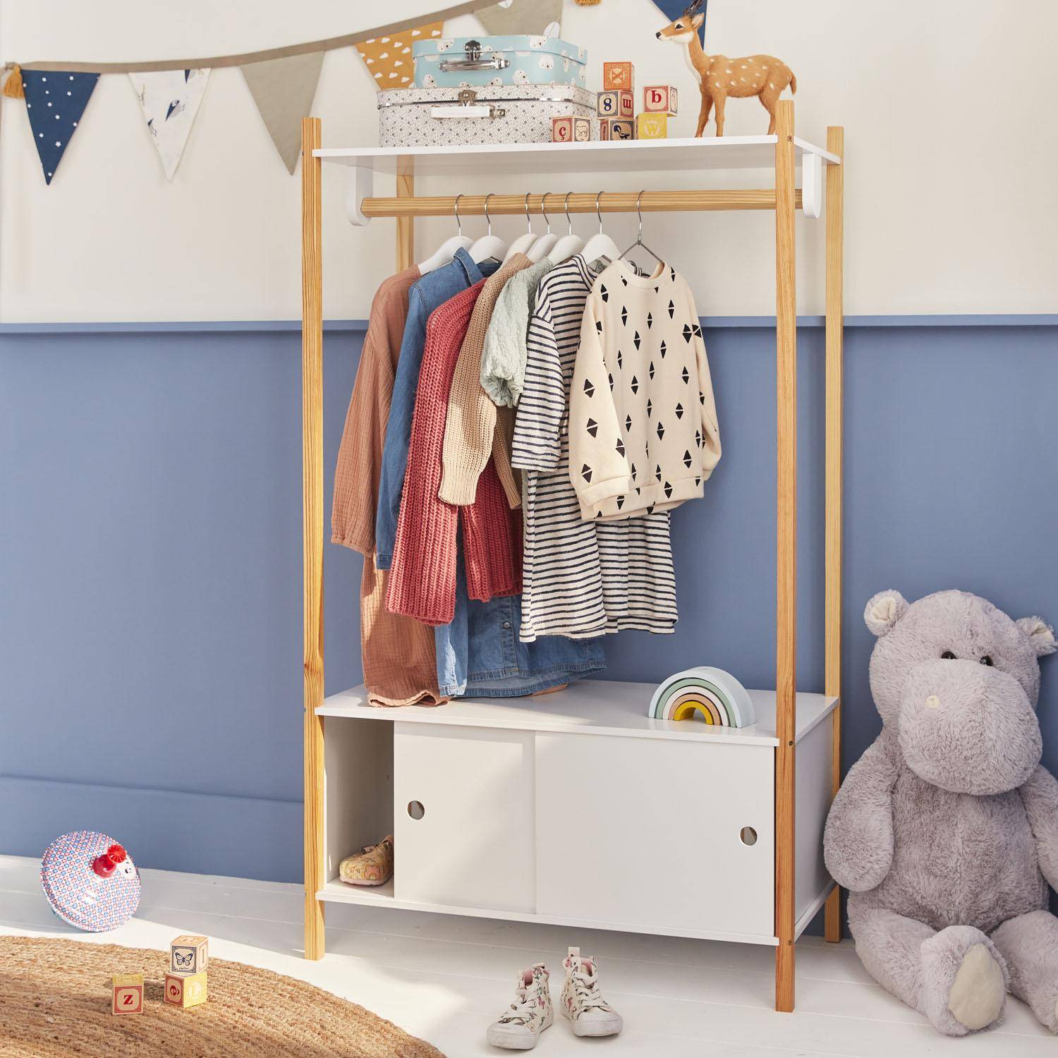 Children's storage unit with clothes rail and two sliding doors - Tobias - Natural pine, White Photo1
