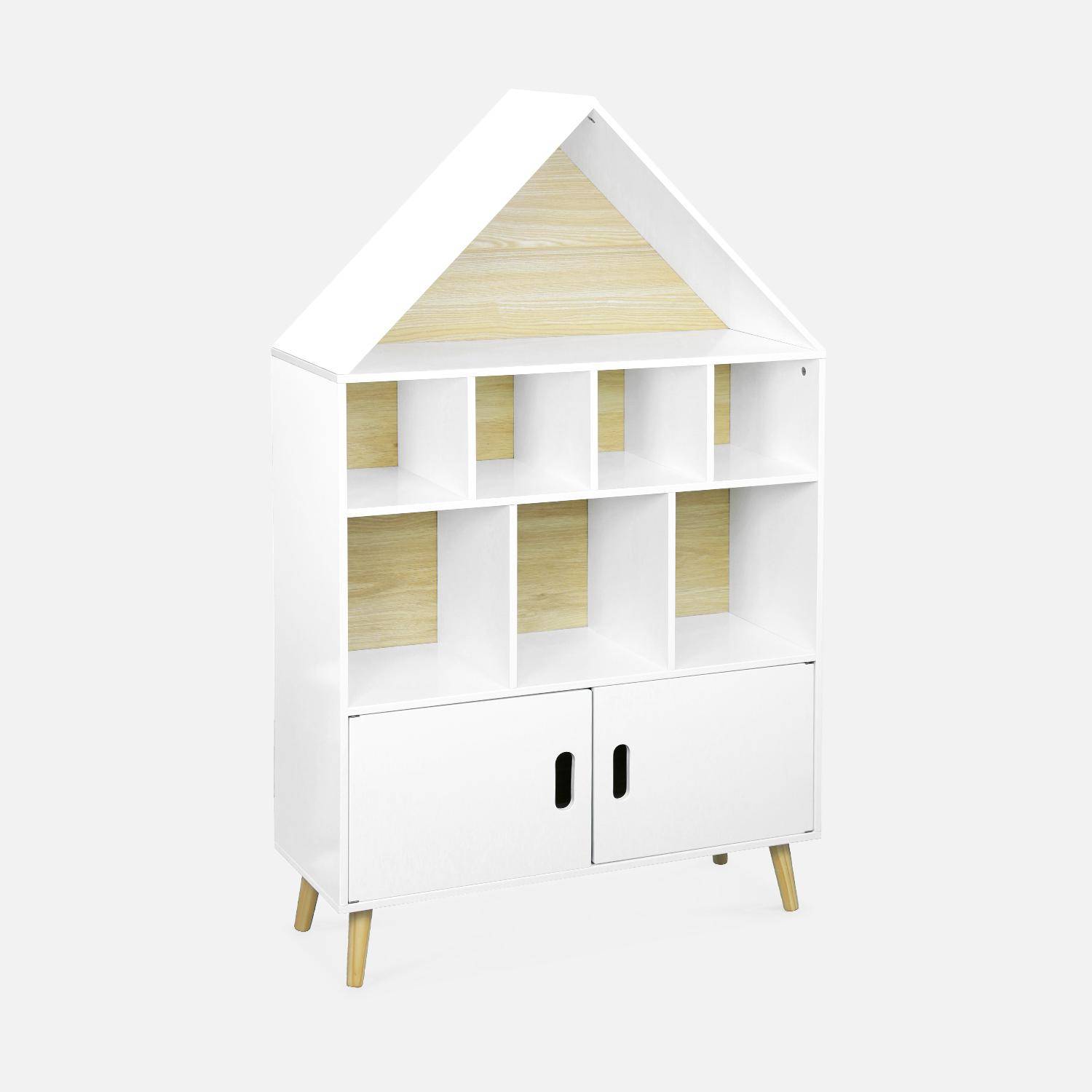 Children's house-shaped bookcase - 3 shelves, 8 compartments, 2 cupboards, Scandi-style - Tobias - Natural pine, White Photo4