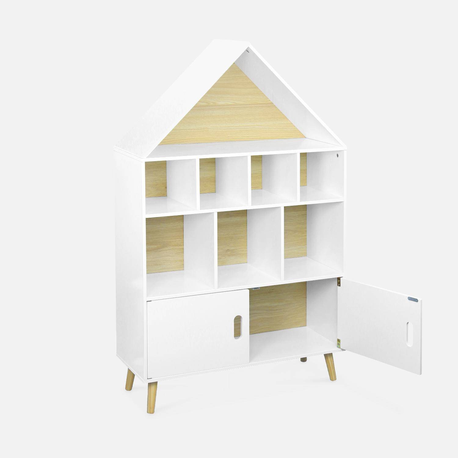 Children's house-shaped bookcase - 3 shelves, 8 compartments, 2 cupboards, Scandi-style - Tobias - Natural pine, White Photo5