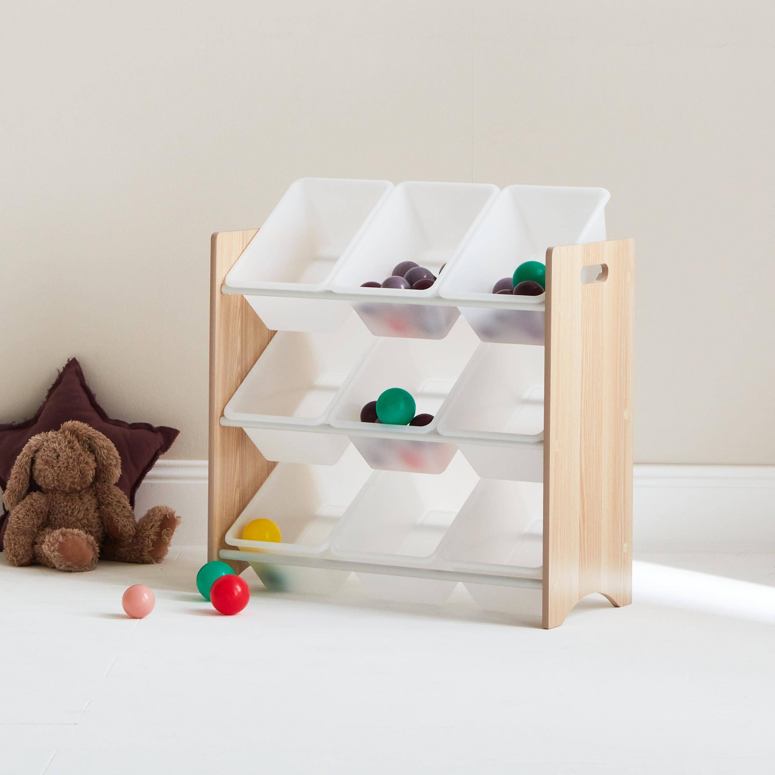 Storage unit for children with 9 compartments, MDF & natural wood, 64x29.5x60cm, Tobias,sweeek,Photo2