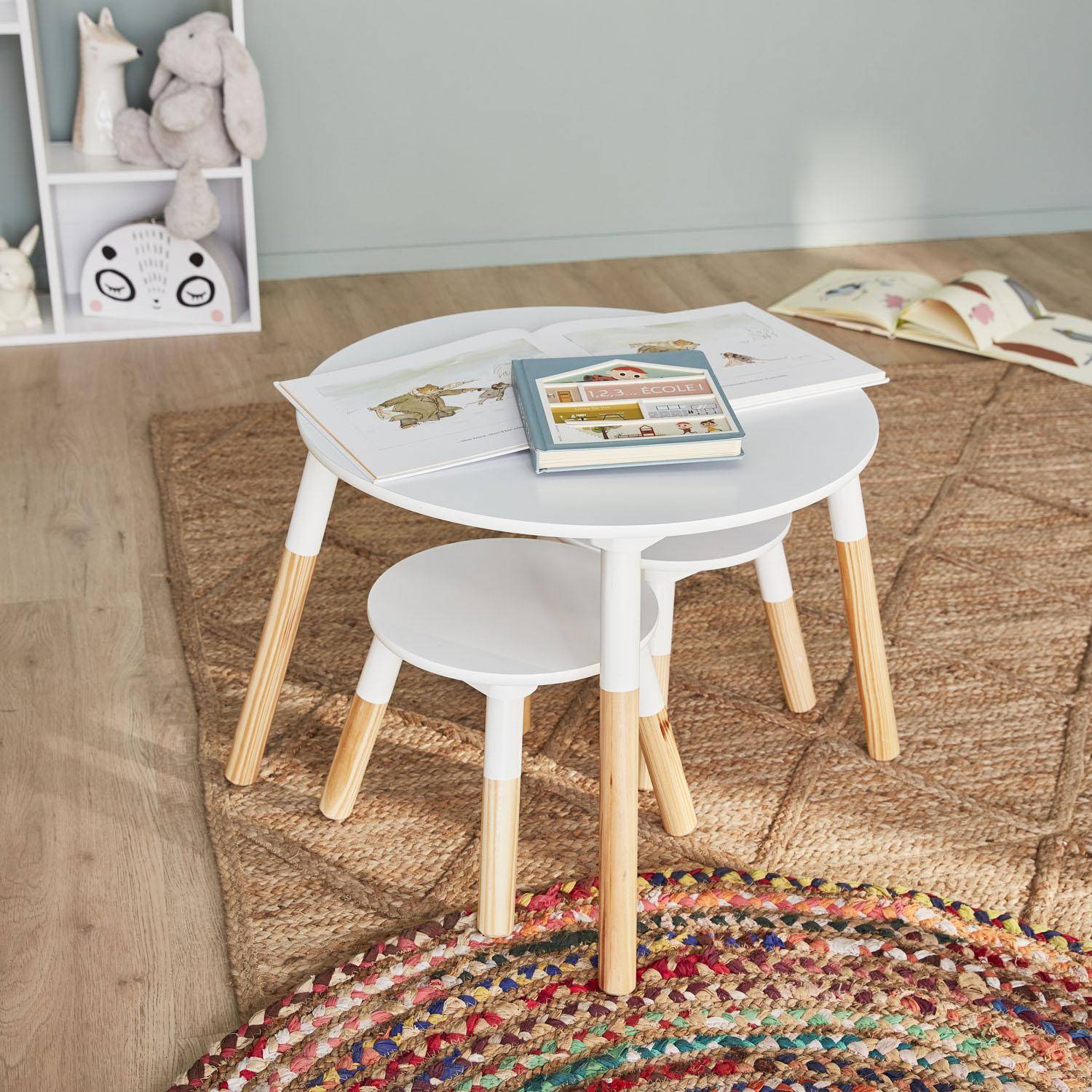 Children's round table with two stools, 55x55x43cm - Tobias - natural pine, painted White,sweeek,Photo2