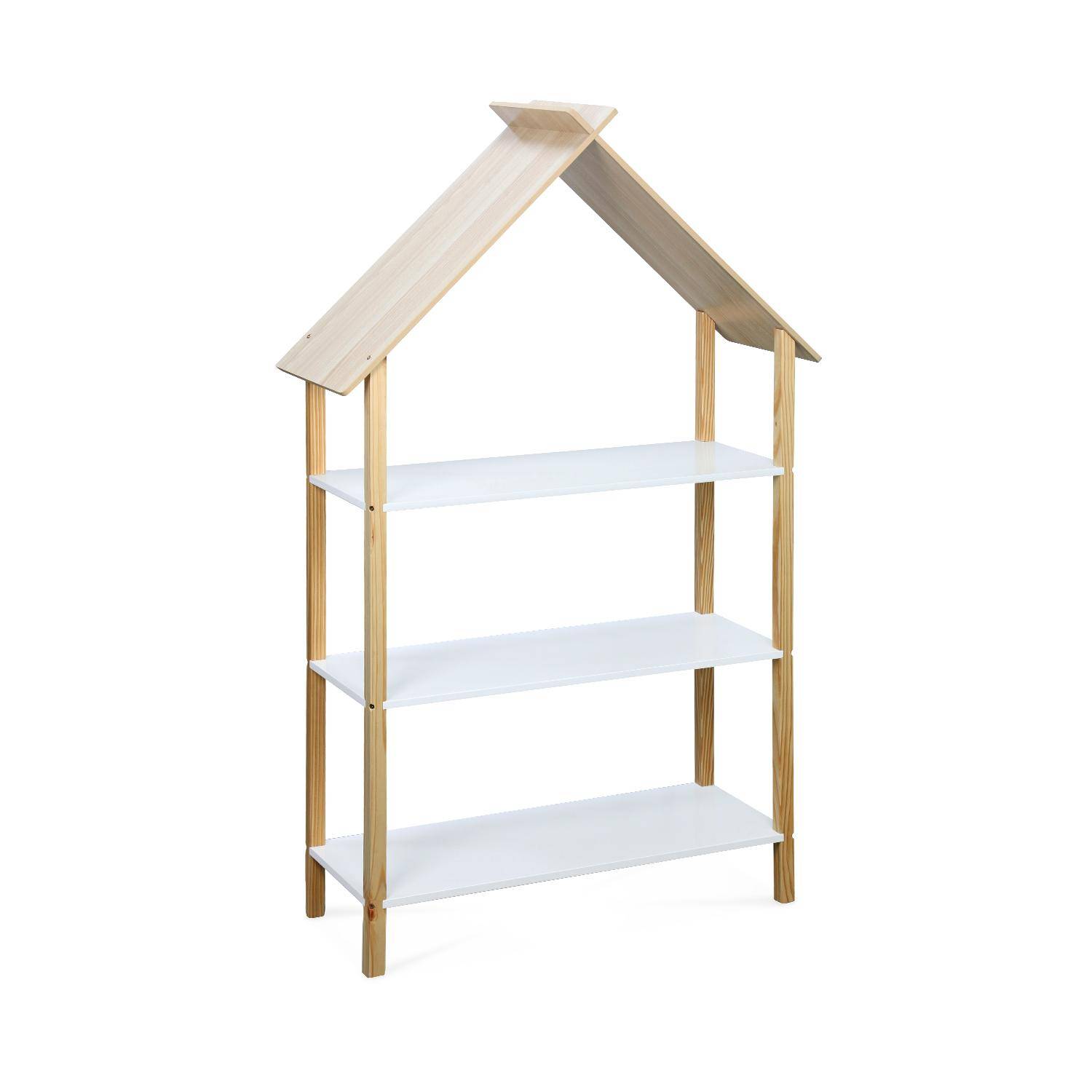 Children's bookcase, 3 shelves and roof - 79x28x130cm - Tobias - Natural pine, White,sweeek,Photo1