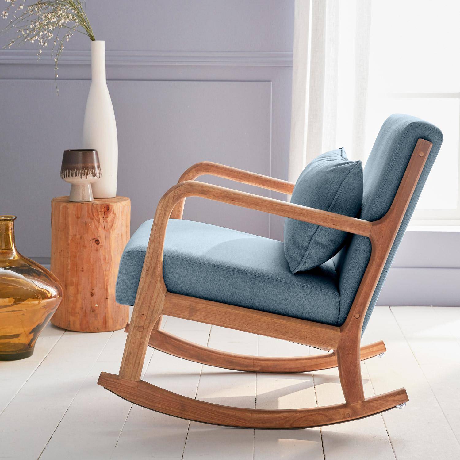 Cadeira de baloiço de design em madeira e tecido, 1 lugar, cadeira de baloiço escandinava, azul Photo2