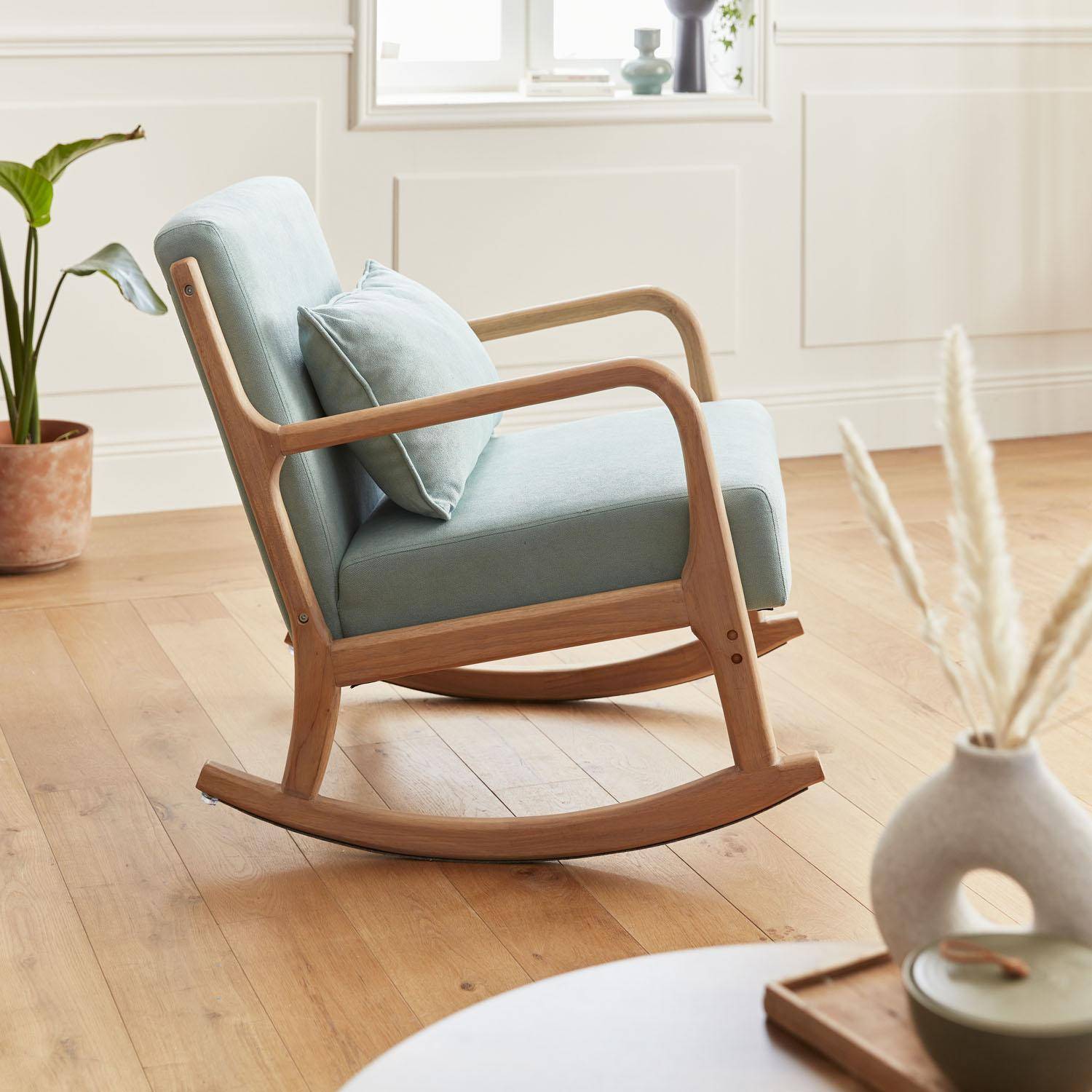 Sedia a dondolo di design in legno e tessuto, 1 posto, sedia a dondolo scandinava, verde acqua Photo2