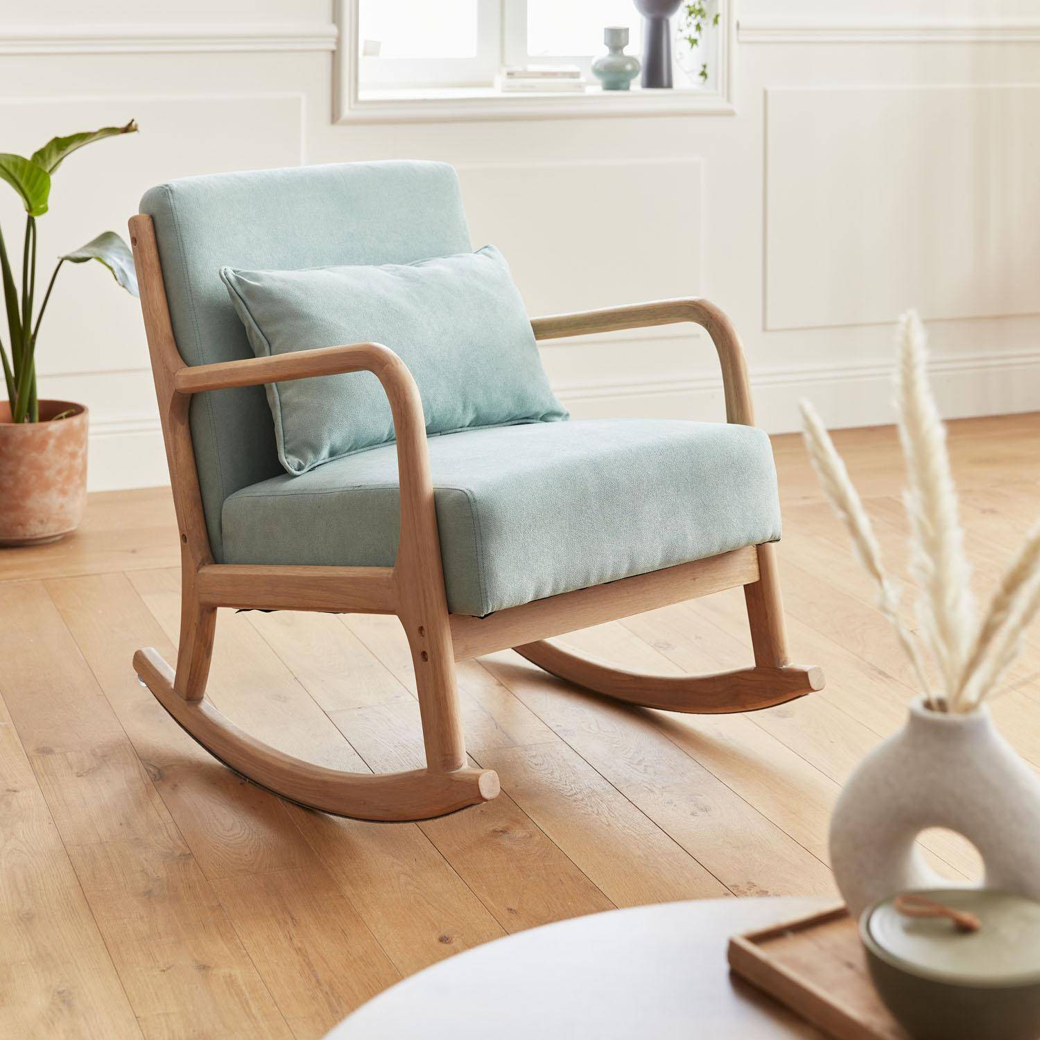 Cadeira de baloiço de design em madeira e tecido, 1 lugar, cadeira de baloiço escandinava, verde água Photo1