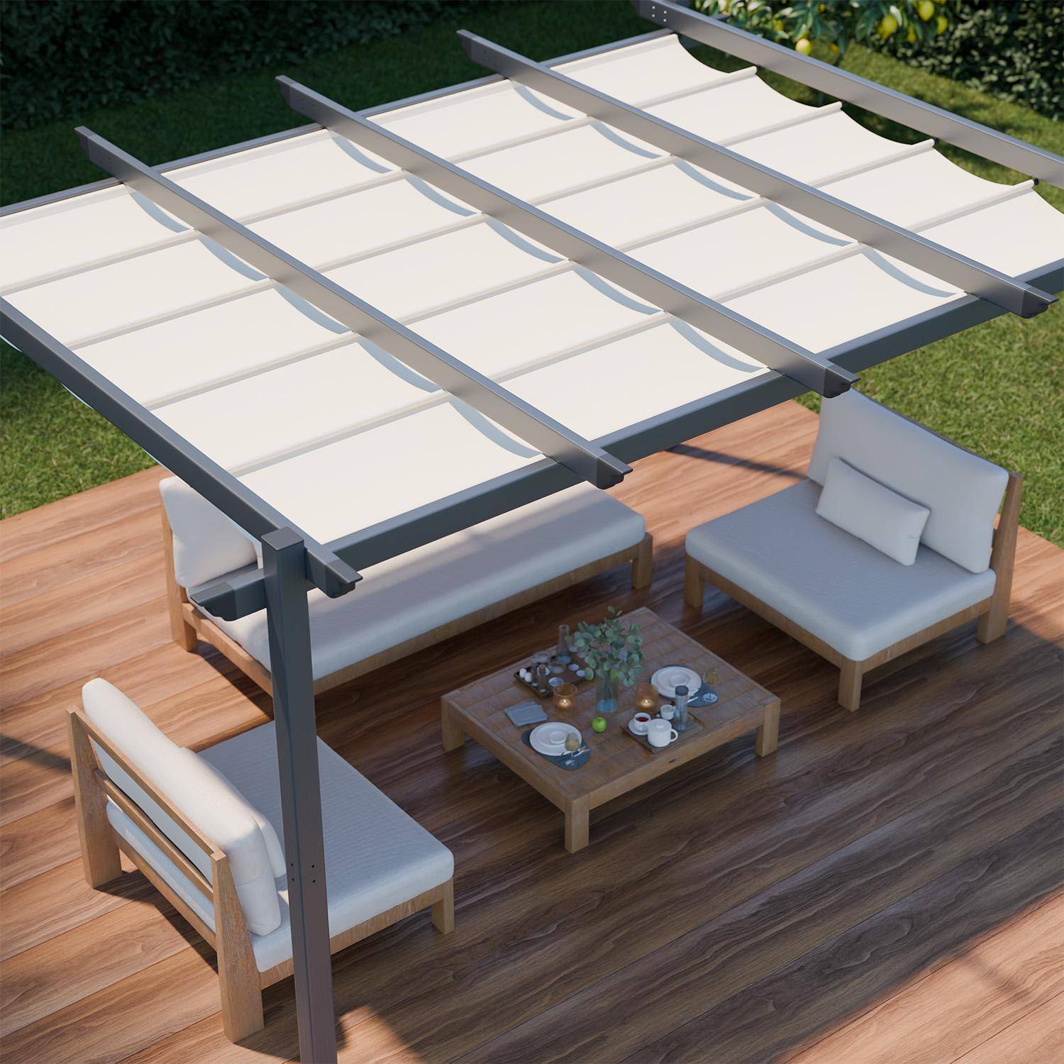 Aluminium Pergola - 3 x 4 m - Stoff Beige - Ideale Pergola für Ihre Terrasse, verschiebbarer Stoff, Aluminiumstruktur - Isla Photo3