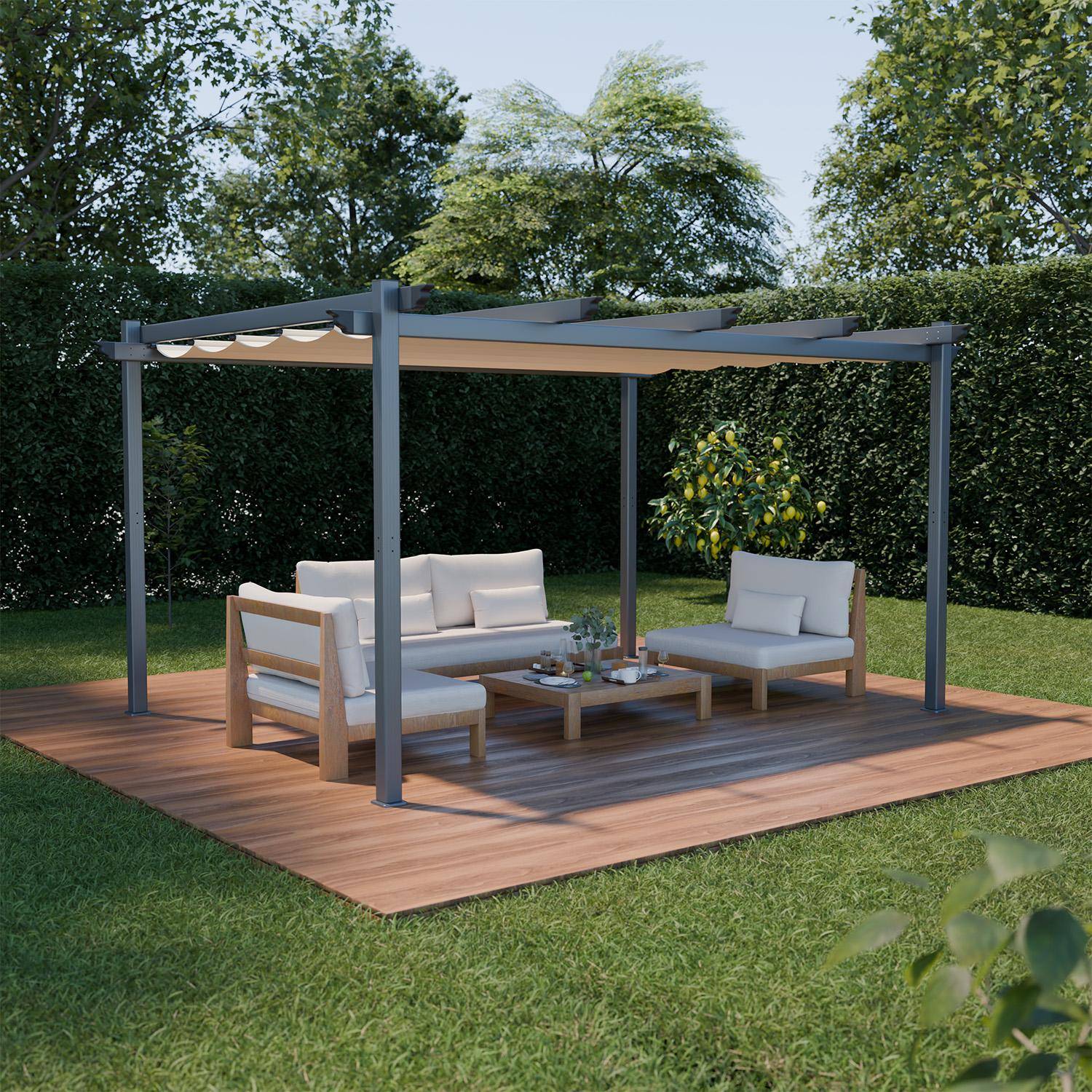 Aluminium Pergola - 3 x 4 m - Stoff Beige - Ideale Pergola für Ihre Terrasse, verschiebbarer Stoff, Aluminiumstruktur - Isla Photo1