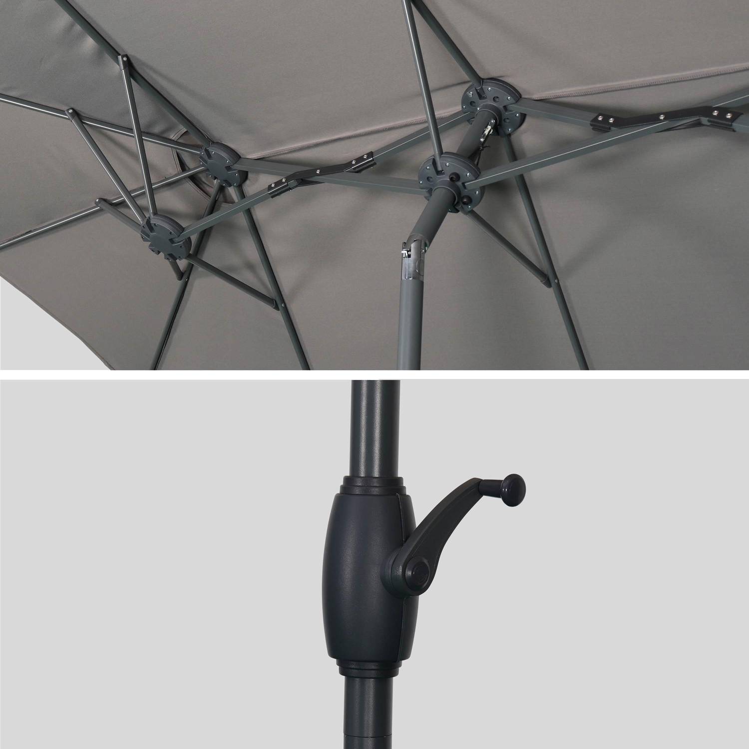 Ovalen stokparasol, dubbel, 1x3m – Grijs – Grote parasol met centrale stok, draaibaar en zwengel Photo5