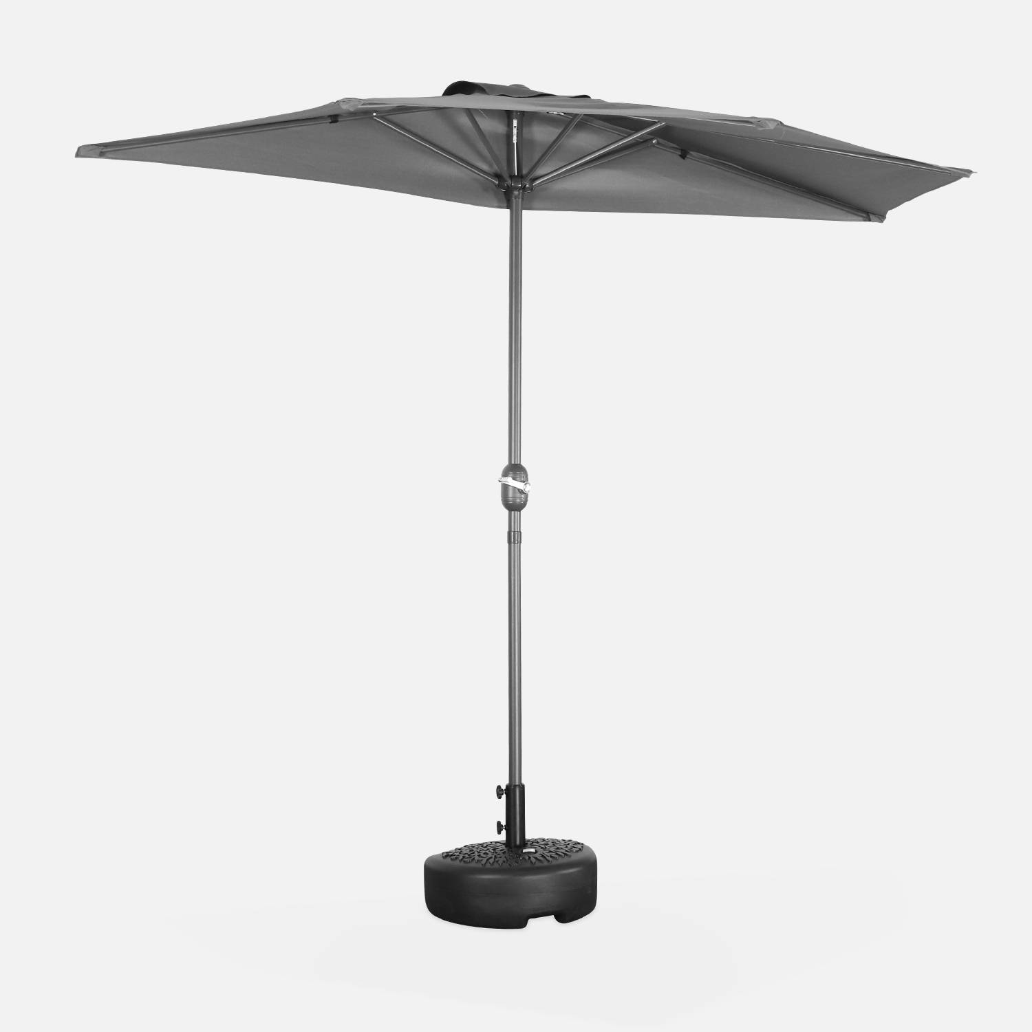  Parasol de balcon Ø250cm  – CALVI – Demi-parasol droit, mât en aluminium avec manivelle d’ouverture, toile grise | sweeek