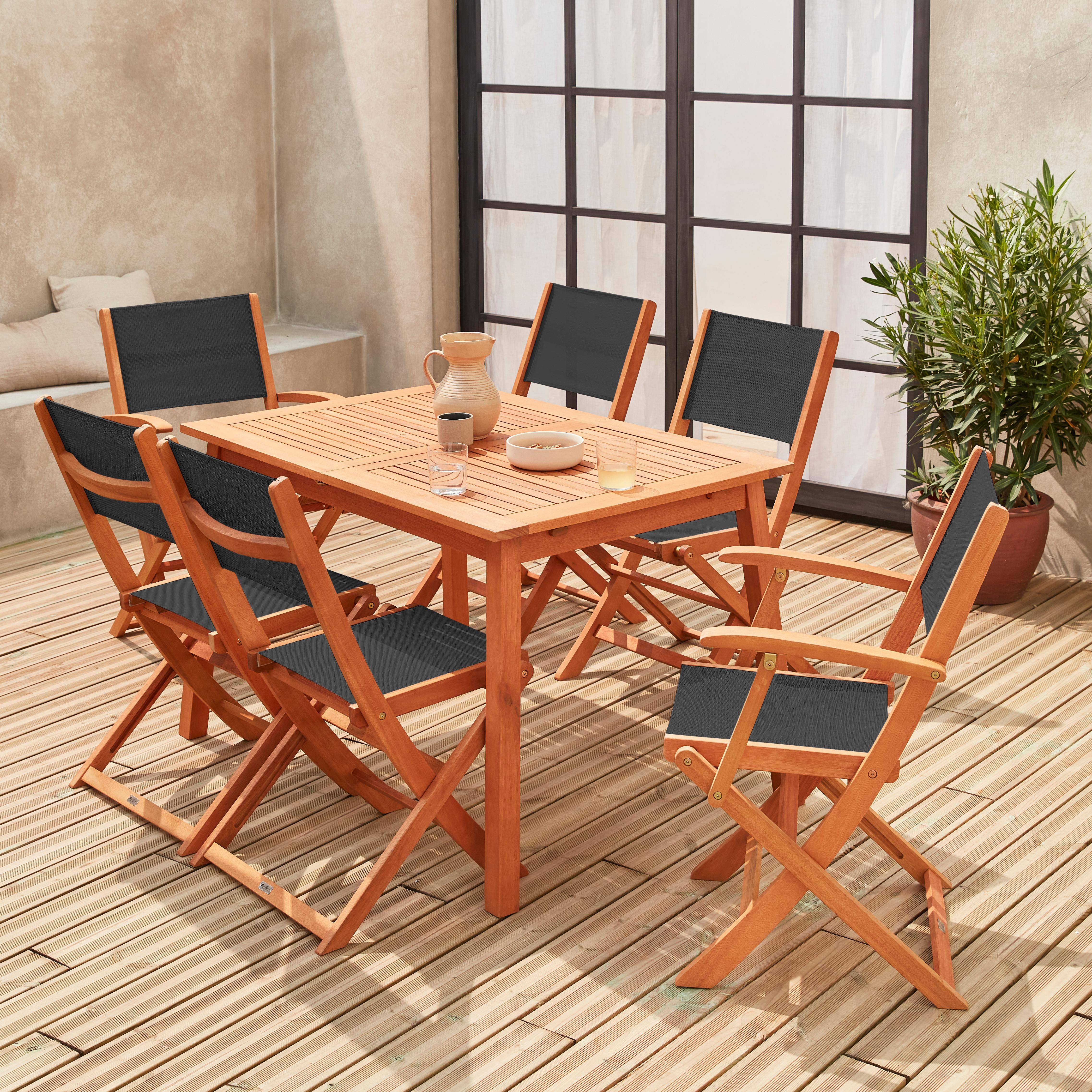 6-seater garden dining set, extendable 120-180cm FSC-eucalyptus wooden table, 4 chairs and 2 armchairs - Almeria 6 - Black textilene seats Photo2