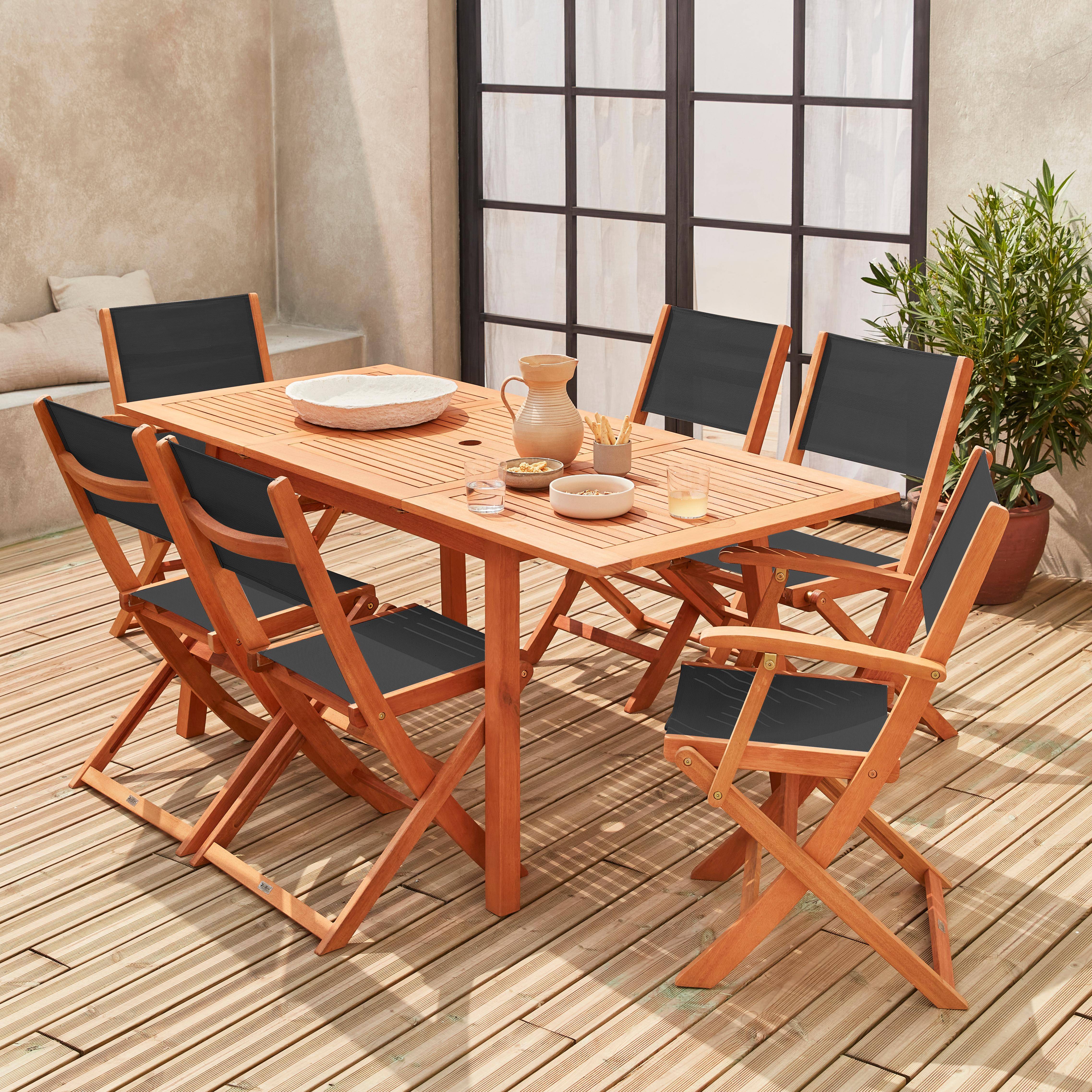 6-seater garden dining set, extendable 120-180cm FSC-eucalyptus wooden table, 4 chairs and 2 armchairs - Almeria 6 - Black textilene seats Photo1