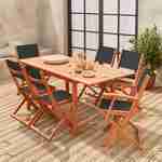 Salon de jardin en bois extensible - Table 120/180cm avec rallonge, 2 fauteuils et 4 chaises, en bois d'Eucalyptus FSC huilé et textilène noir Photo1