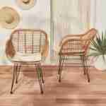 Lot de deux fauteuils effet rotin- résine et métal noir, style colonial, assise beige Photo2