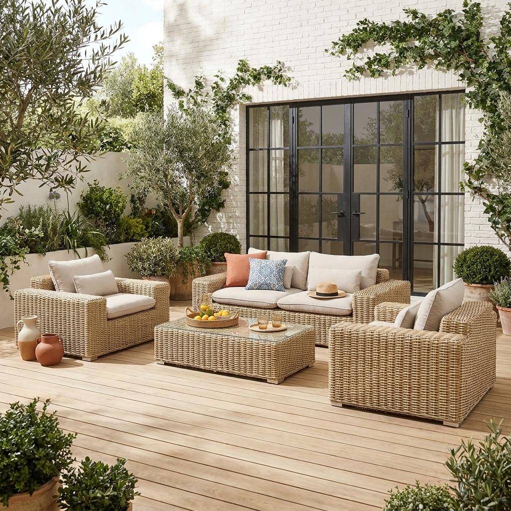 Extra grote tuinset voor 4 personen in beige wicker met beige kussens Photo1
