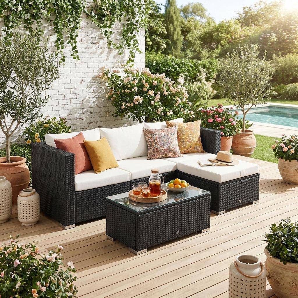 Wicker loungeset voor 4 personen - Torino - zwart wicker en ecru kussens Photo1