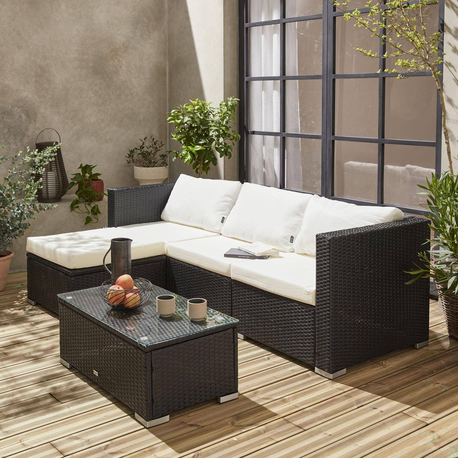 Wicker loungeset voor 4 personen - Torino - zwart wicker en ecru kussens,sweeek,Photo2