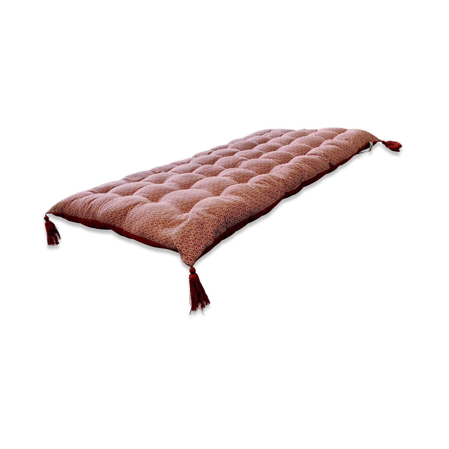 Bodenmatratze, 120x60cm, Terrakotta, wendbar, Baumwolle, mit Quasten, boho, weich, entspannend, sonniges Motiv und Uni Photo1