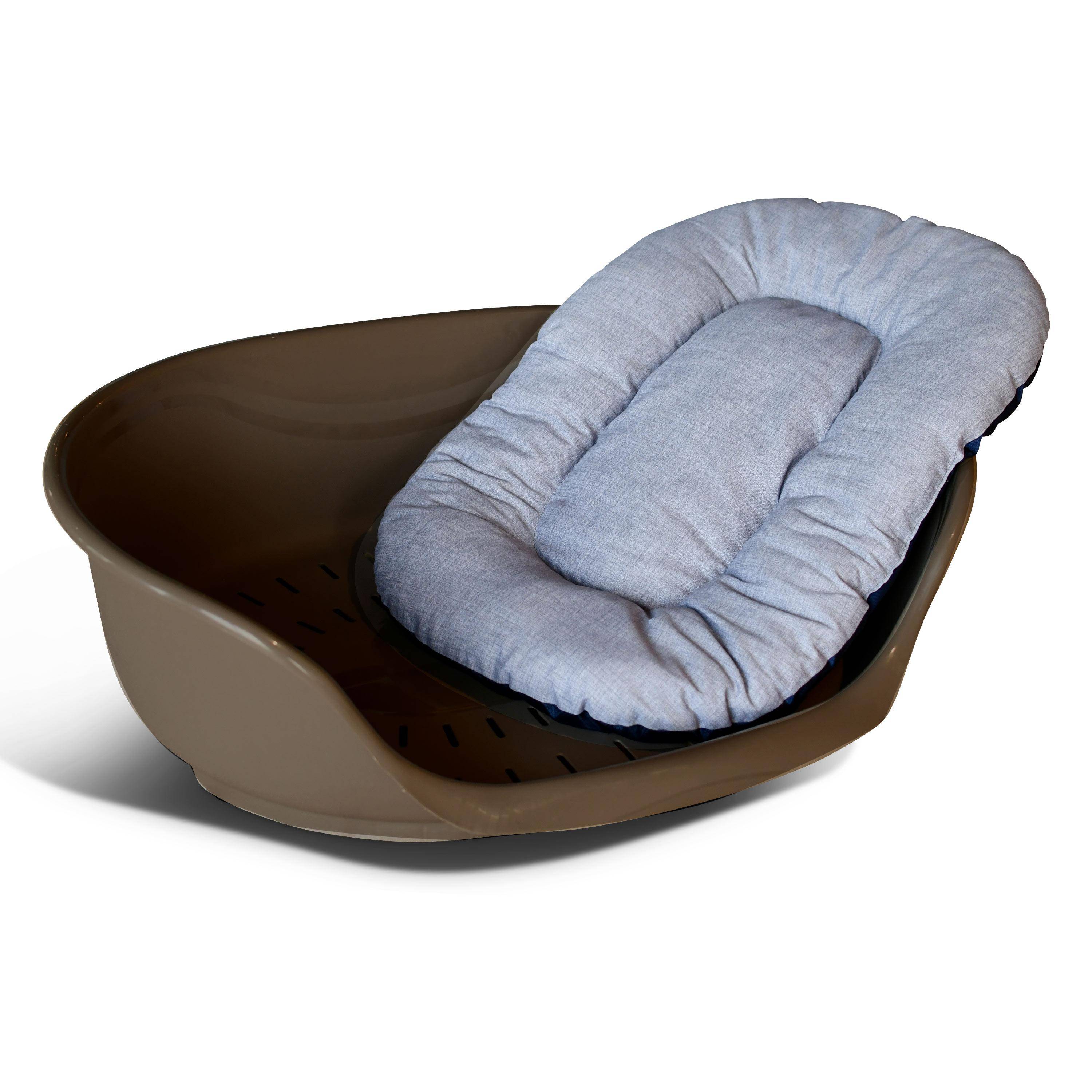 Corbeille en plastique marron pour grand chien, taille L + coussin en coton et en polyester gris et bleu marine 100 x 60 cm de forme ovale Photo4