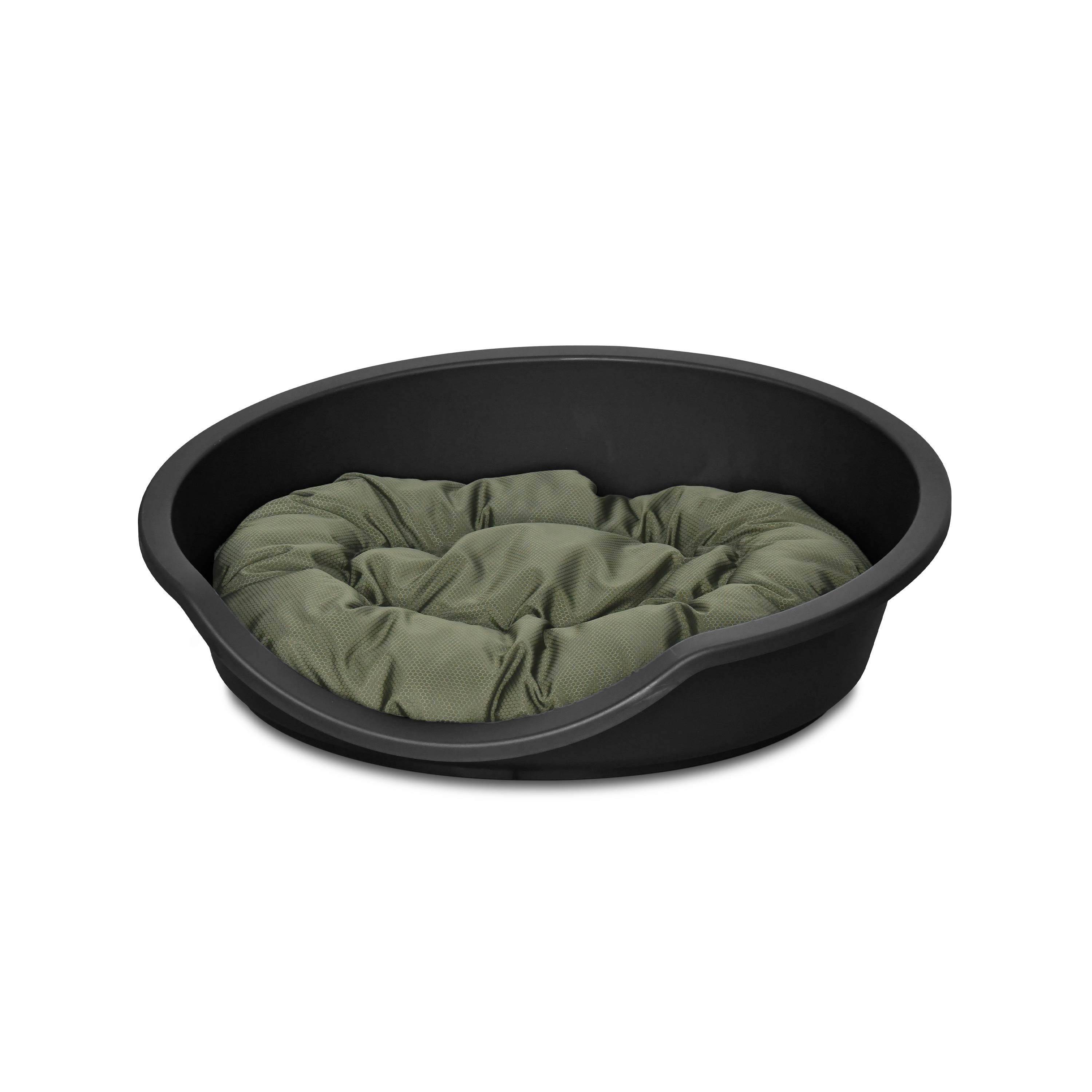 Corbeille en plastique noir mat pour grands chiens + Coussin en coton et en polyester kaki et gris 85 x 70 cm de forme ovale, taille L   Photo1