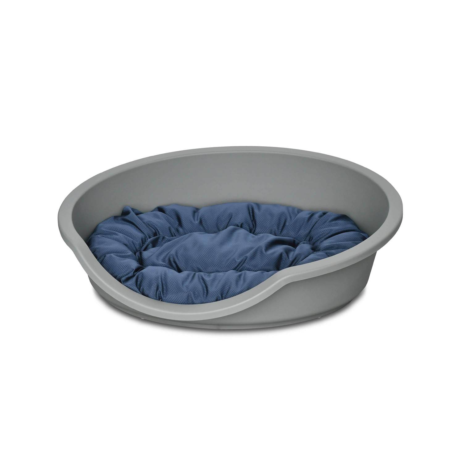 Corbeille en plastique gris clair pour grand chien + Coussin en coton et en polyester gris et bleu marine 85 x 70 cm de forme ovale, taille L  Photo1