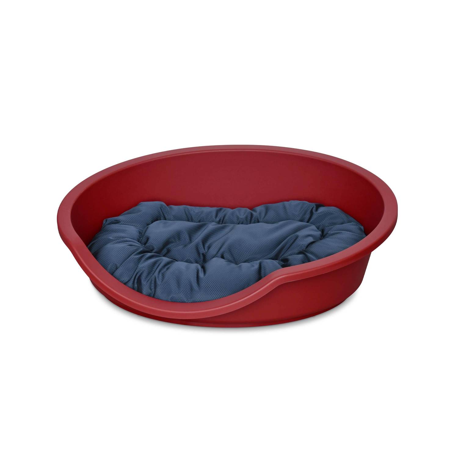 Corbeille en plastique rouge pour grand chien +  Coussin en coton et en polyester bleu marine et gris 85 x 70 cm de forme ovale, taille L  Photo1