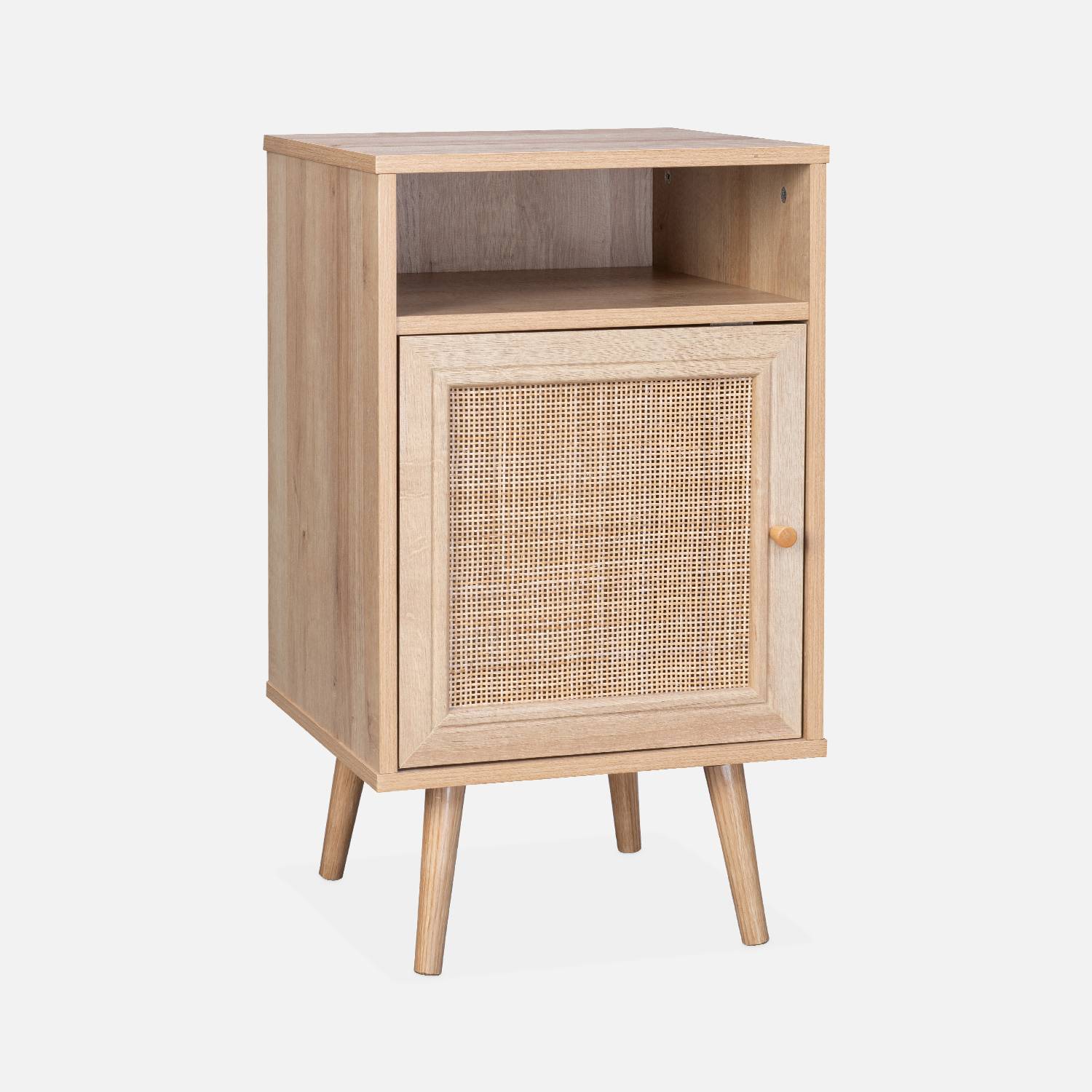 Scandi-style wood and cane rattan bedside table with cupboard, 40x39x70cm, Natural Wood colour | sweeek