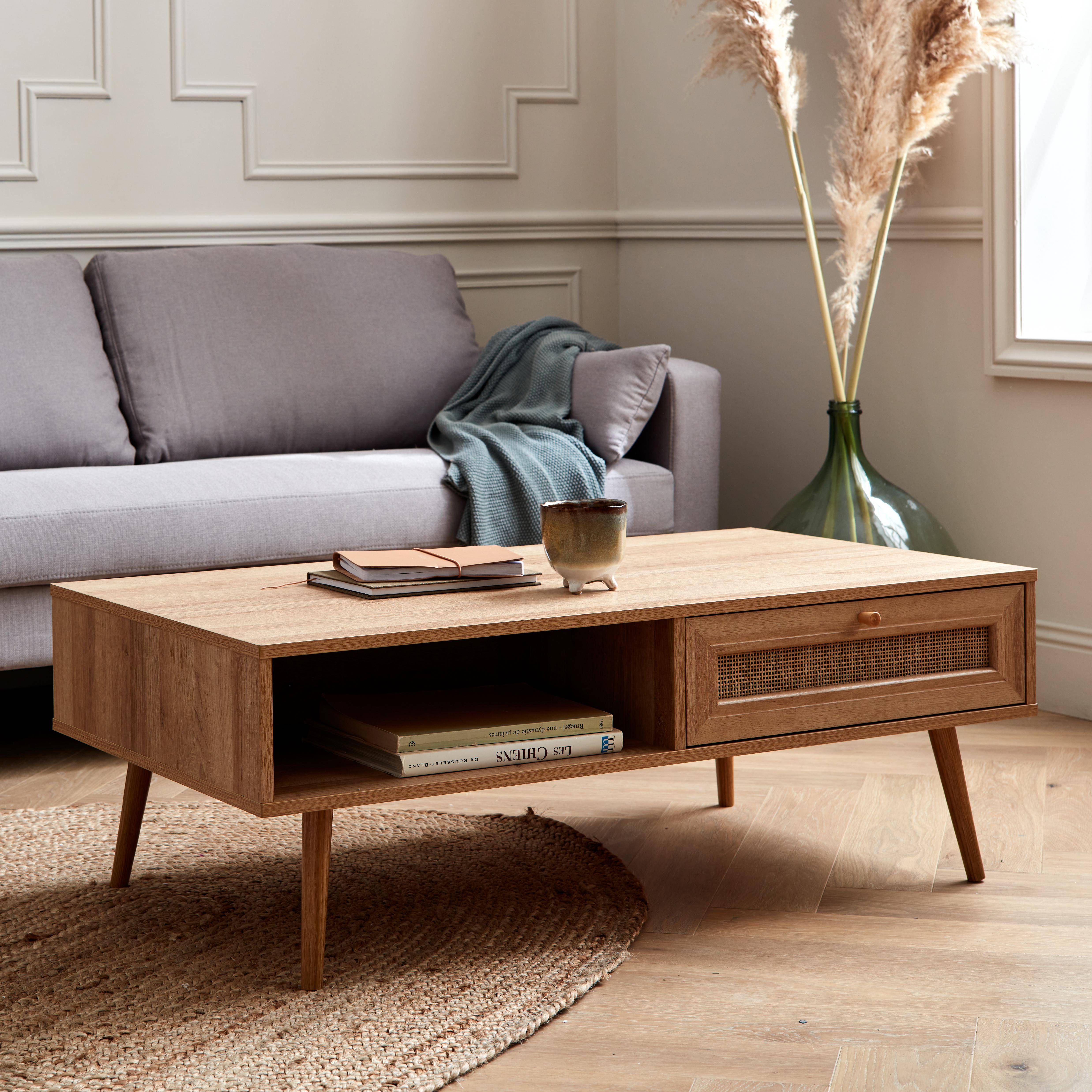 Wood and woven rattan coffee table with storage, 110x59x39cm, Natural, Boheme,sweeek,Photo1