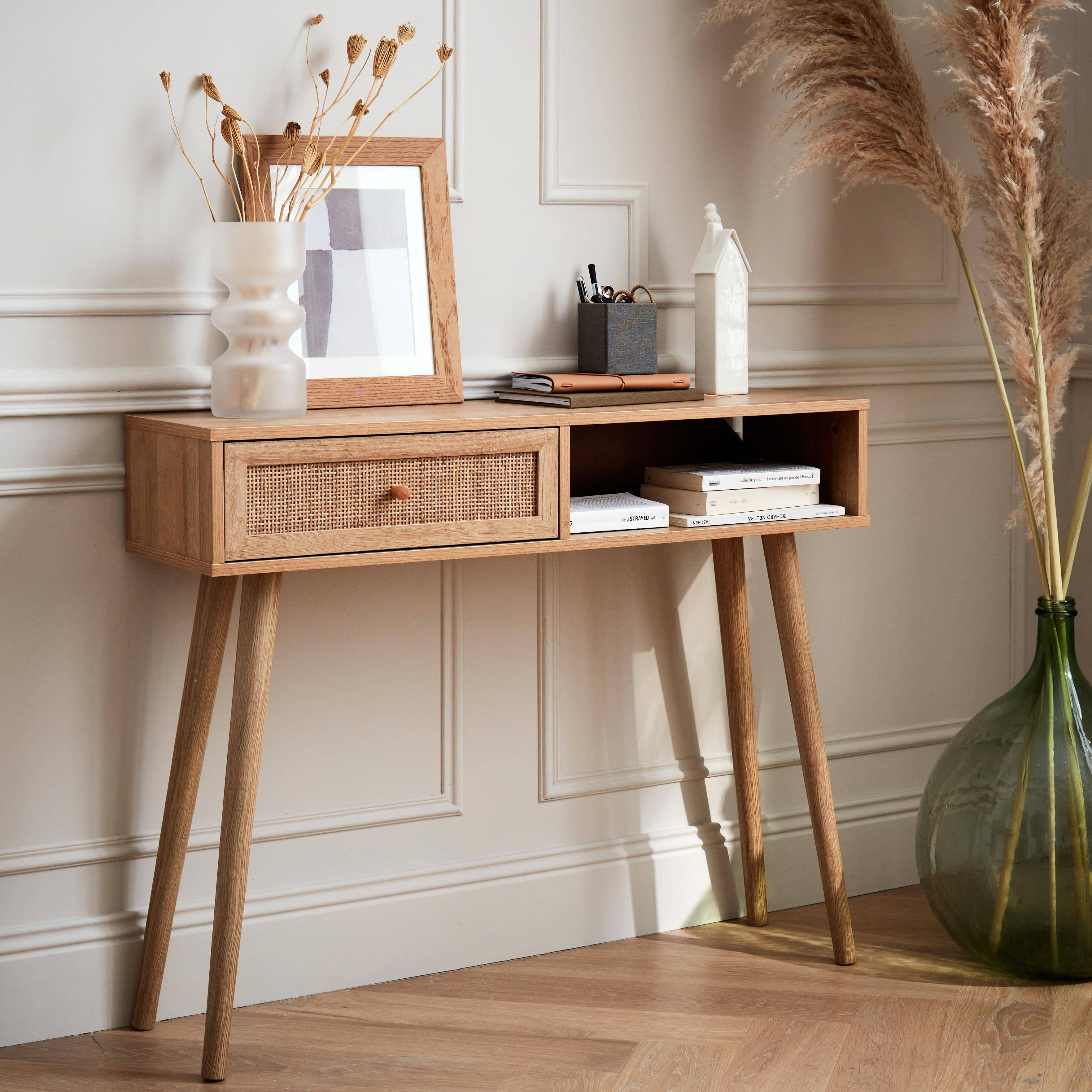 Wood and cane rattan Scandi-style console table, 100x30x81cm - Boheme - Natural wood colour Photo1