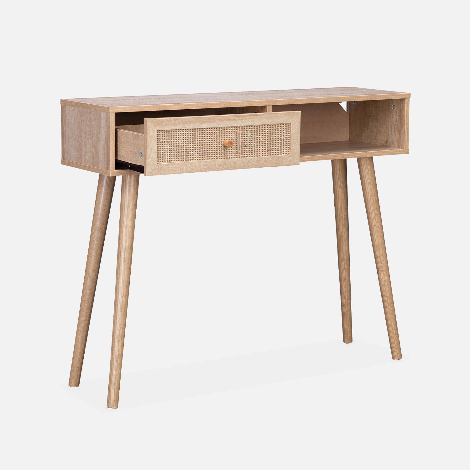 Wood and cane rattan Scandi-style console table, 100x30x81cm - Boheme - Natural wood colour Photo4