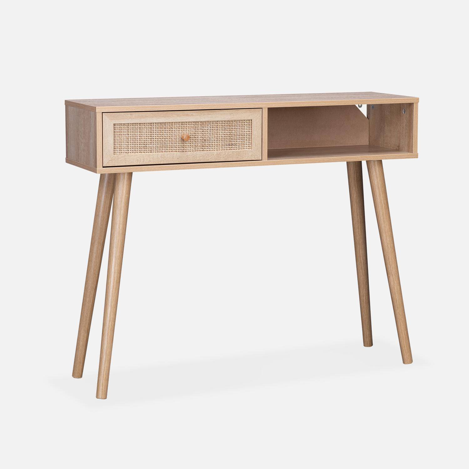 Wood and cane rattan Scandi-style console table, 100x30x81cm - Boheme - Natural wood colour Photo2