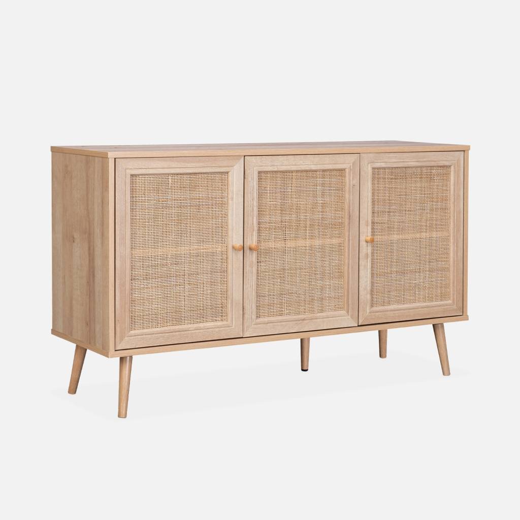 Aparador escandinavo efecto madera y caña con 3 puertas, 120cm, Natural
